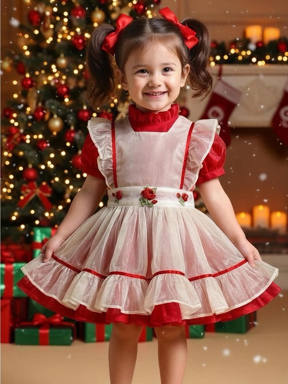 Handmade Antique 60's Red & Cream Holiday Pinafore Dress -- 6